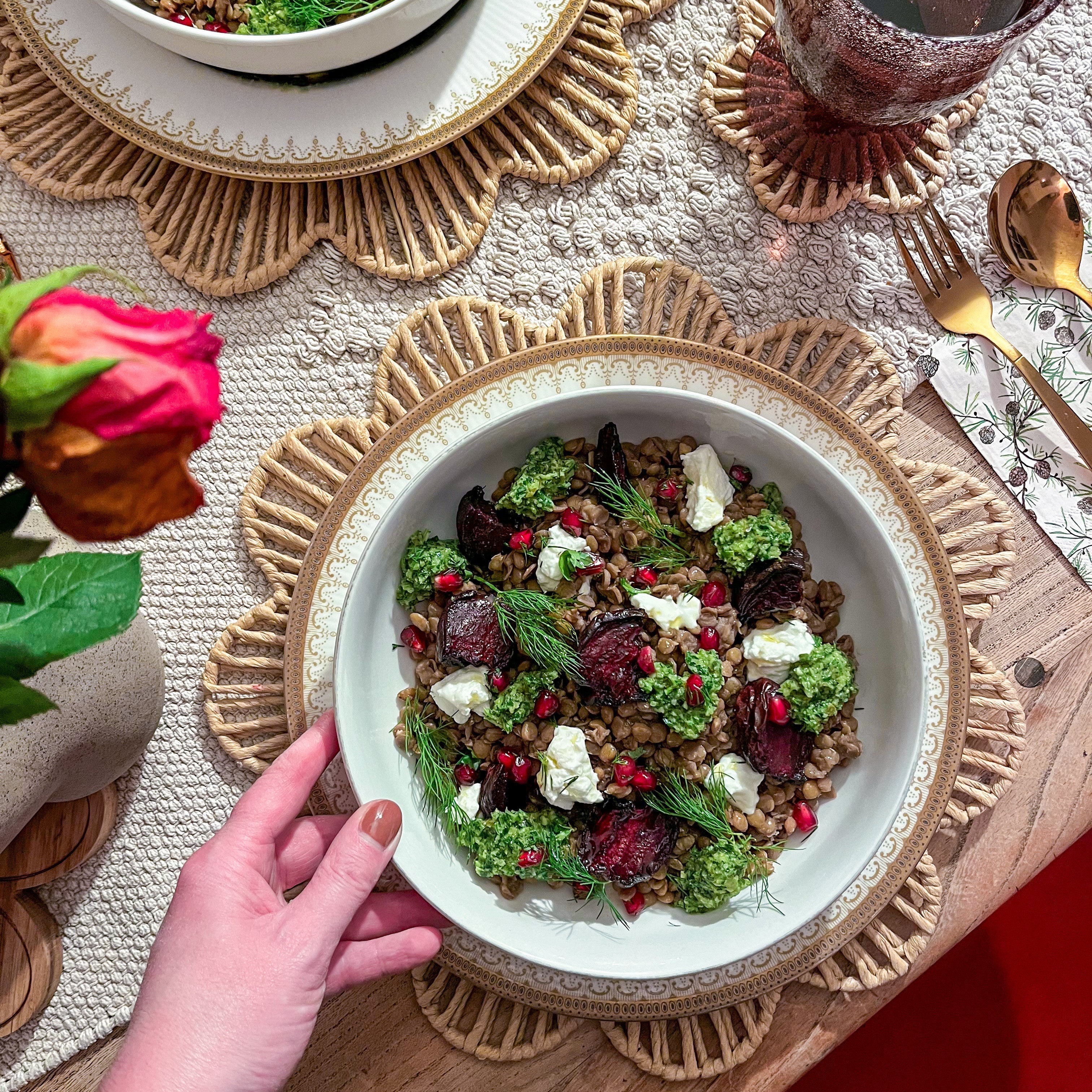 Ella Kitto's Roast Beetroot with lentils, Goat Cheese & Salsa Verde